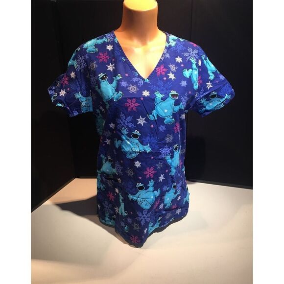 Cookie Monster Sesame Street Scrub Top Size Small - Picture 1 of 11